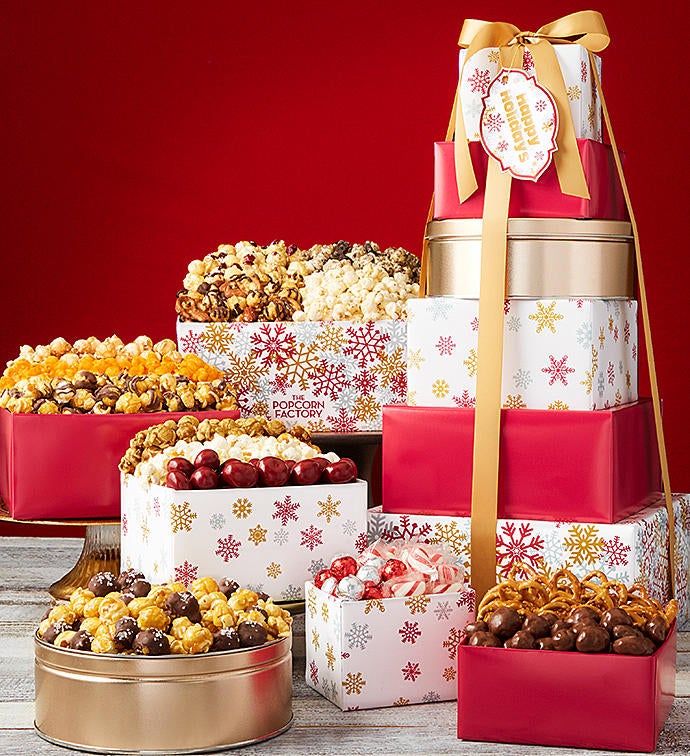 6 Tier Sparkling Snowflakes Happy Holidays Tower