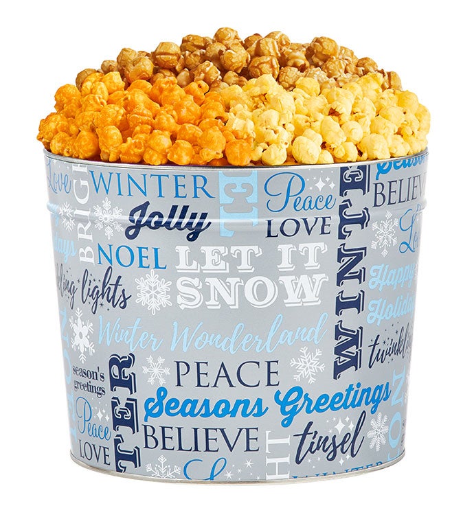 Winter Word Print 3 Flavor 1.75 Gallon Popcorn Tin