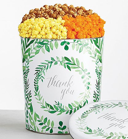 Green Floral Thank You 3 1/2 Gallon 3 Flavor Popcorn Tin