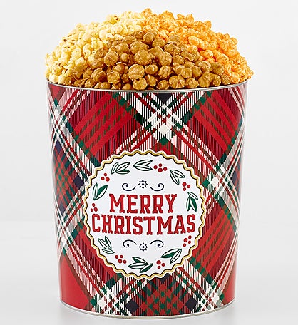 Merry Christmas Plaid 3 1/2 Gallon 3 Flavor Popcorn Tin