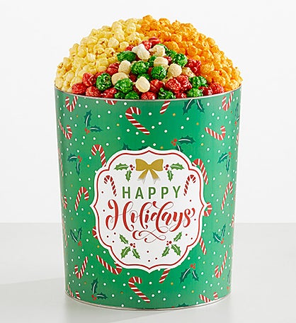 Happy Holidays 3 1/2 Gallon 3 Flavor Popcorn Tin