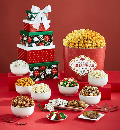 Merry Christmas 5 Box Gift Tower and 2 Gallon Popcorn Tin 3 Flavor