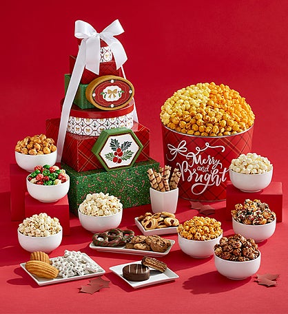 Happy Holidays 8 Box Gift Tower and 2 Gallon Popcorn Tin 3 Flavor