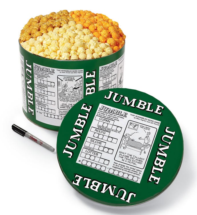 Word Jumble 2 Gallon 3 Flavor Popcorn Tins