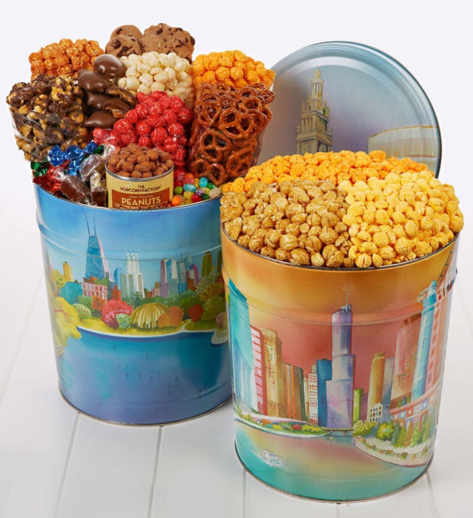 Chicago Skyline Snack Assortment and Popcorn Tins