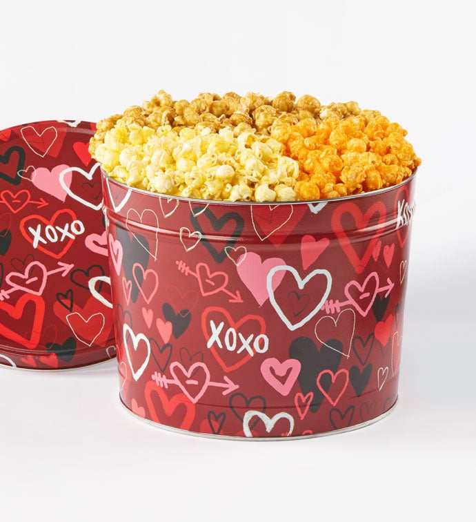 2 Gallon Graffiti Hearts 3 Flavor Popcorn Tin