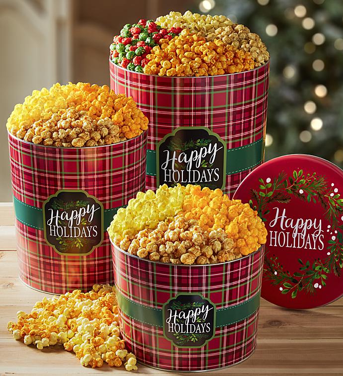 Merry Christmas And Happy Holidays Plaid Popcorn Tins