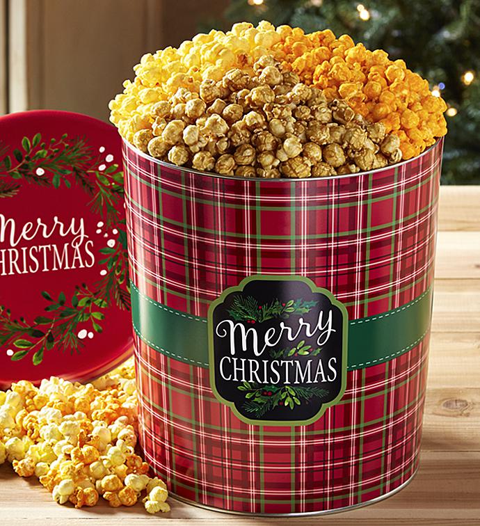Merry Christmas Plaid 3 1/2 Gallon Pick a Flavor Popcorn Tins