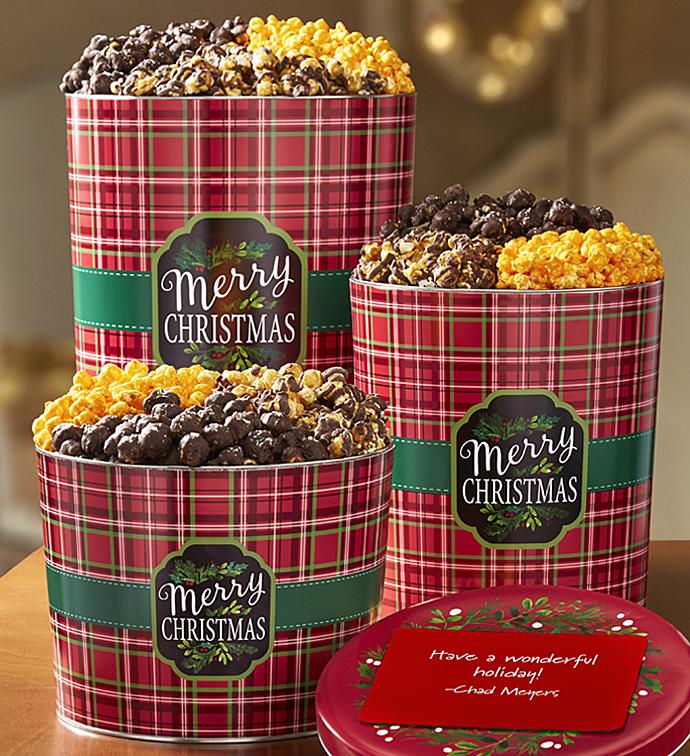 Merry Christmas & Happy Holidays Plaid Deluxe Popcorn Tins