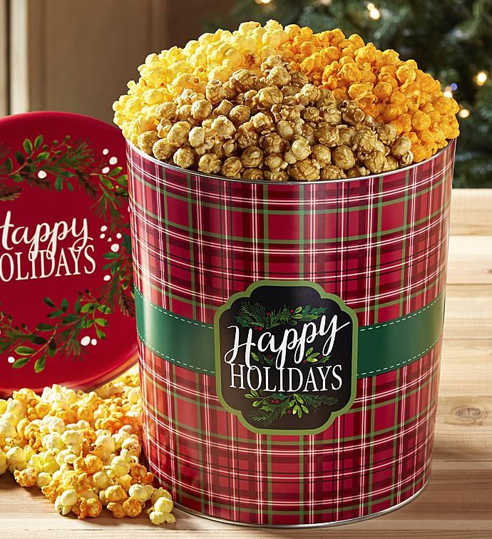 Happy Holidays 3 1/2 Gallon 3 Flavor Popcorn Tins