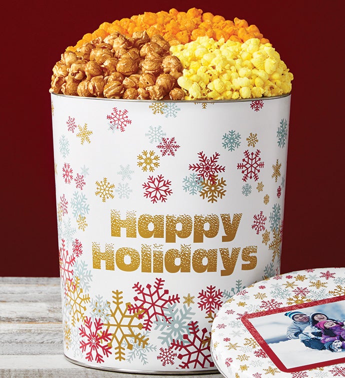 Sparkling Snowflake Happy Holidays Popcorn Tins