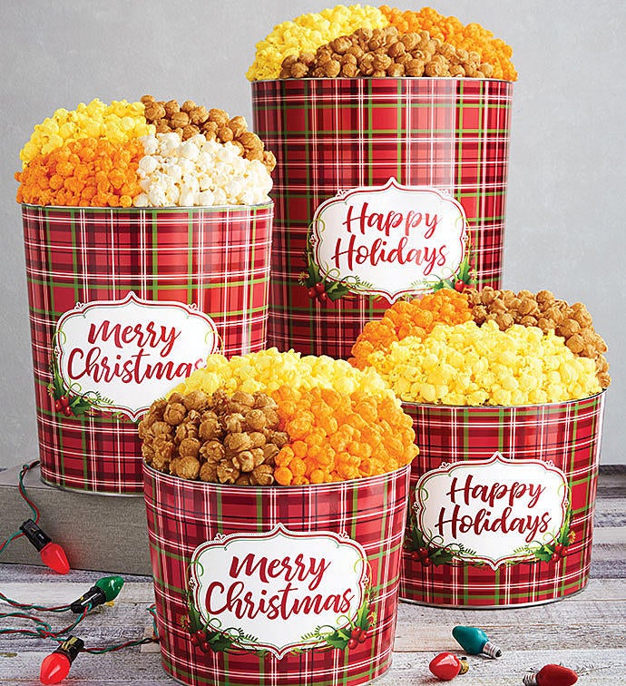 Holly Plaid Merry Christmas Popcorn Tins