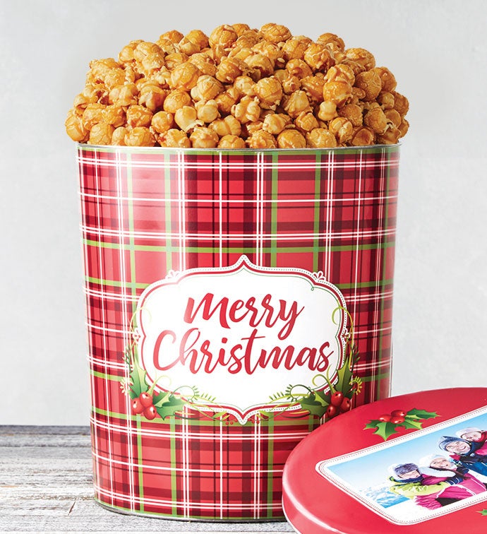 3 1/2 Gallon Holly Plaid Merry Christmas Pick a Flavor Popcorn Tins