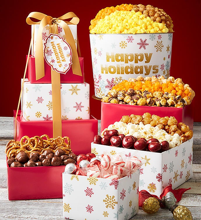 4 Tier Sparkling Snowflakes Happy Holidays Tower & Popcorn Tin
