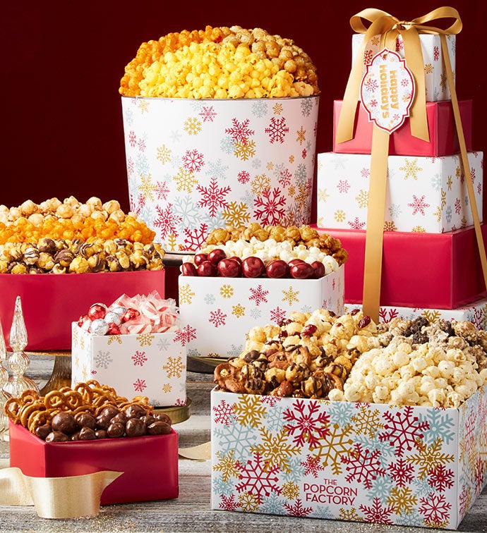 5 Tier Sparkling Snowflakes Happy Holidays Tower & Popcorn Tin