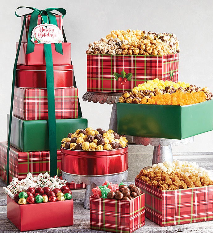 6 Tier Holly Plaid Happy Holidays Tower