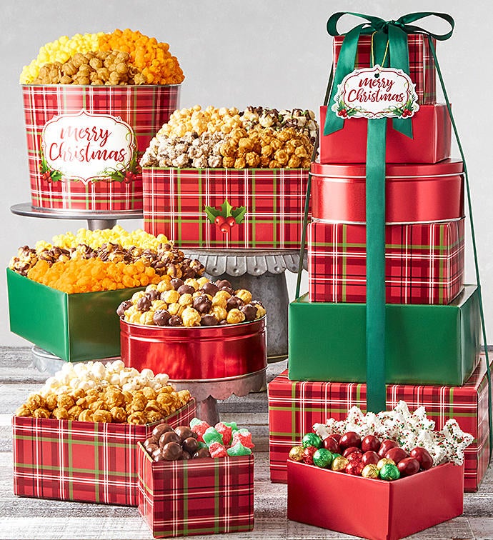 6 Tier Holly Plaid Merry Christmas Tower & Tin