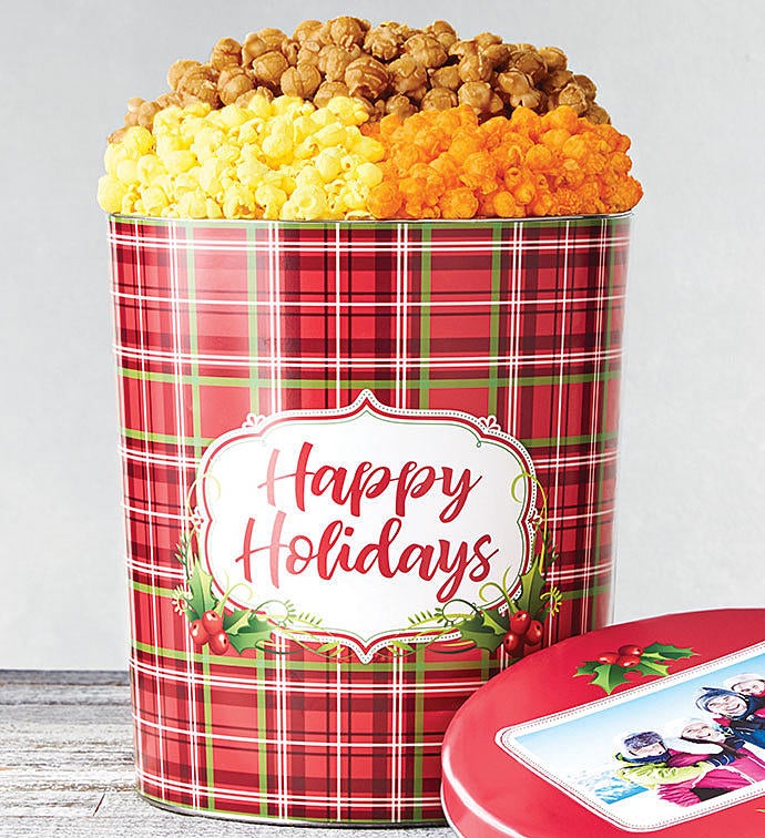 6 1/2 Gallon Holly Plaid Happy Holidays 3 Flavor Popcorn Tin