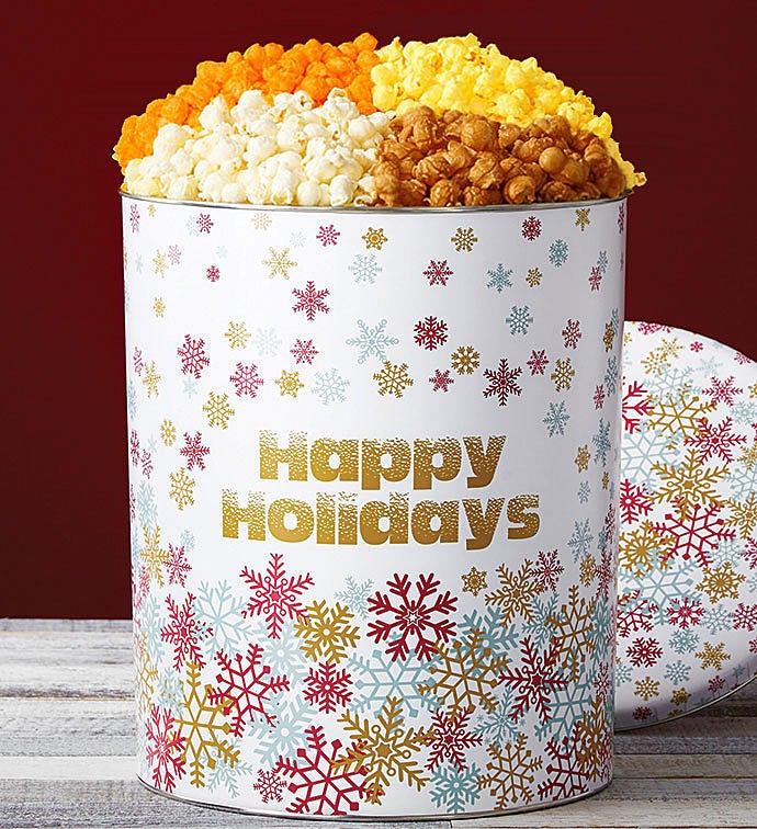 6 1/2 Gallon Sparkling Snowflakes Happy Holidays 4 Flavor Popcorn Tin