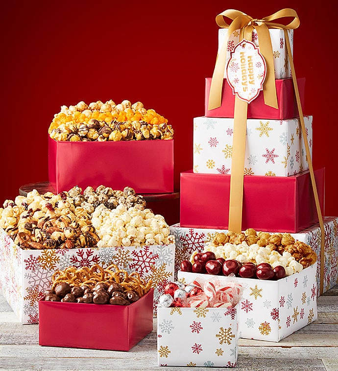 5 Tier Sparkling Snowflakes Happy Holidays Tower