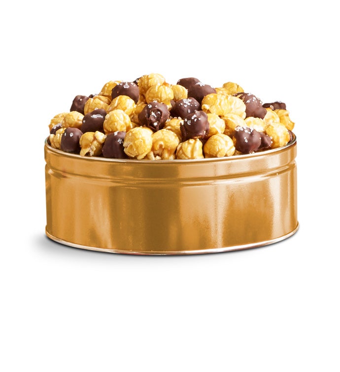 Gold Tin with Caramel and Dark Chocolate Sea Salt Popcorn