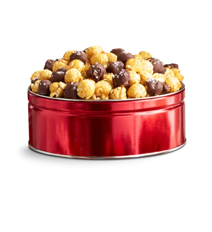 Red Tin with Caramel and Dark Chocolate Sea Salt Popcorn