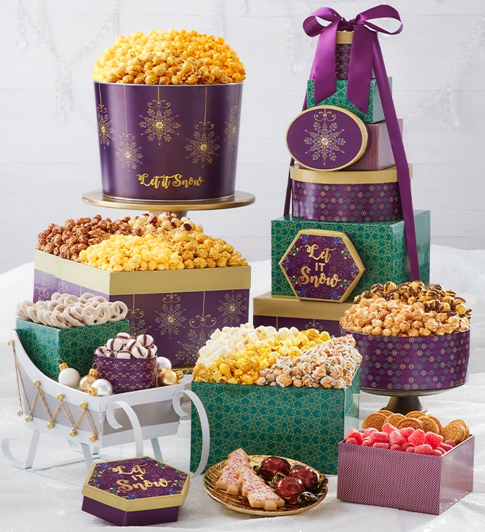 Let It Snow 8 Tier Gift Tower with 2 Gallon Popcorn Tin