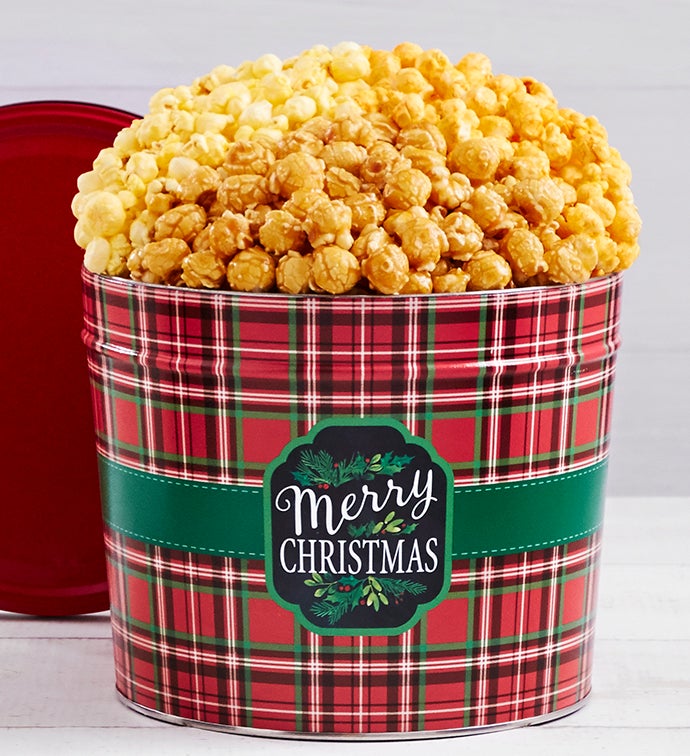 Merry Christmas Plaid 1.75 Gallon Popcorn Tin