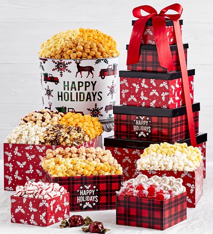 Very Merry Plaid 5 Tier Tower and 2 Gallon Tin