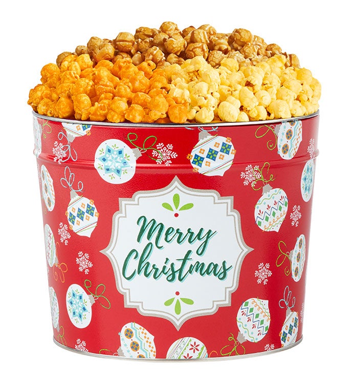Merry Christmas 3 Flavor 1.75 Gallon Popcorn Tin