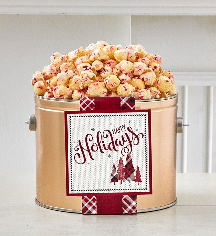Cozy Plaid Happy Holidays 1/2 Gallon Holiday Pail Peppermint Kettle Corn