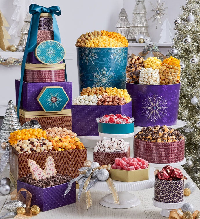 Shining Snowflake 8 Box Gift Tower & 2 Popcorn Tins