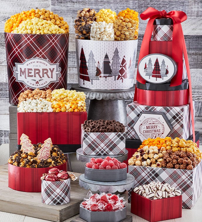 Cozy Plaid Merry Christmas 8 Box Gift Tower & 2 Popcorn Tins