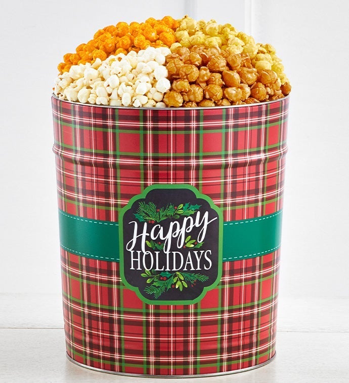 3 1/2 Gallon Plaid Happy Holidays 4 Flavor Popcorn Tin With Passport