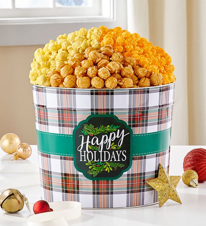 Happy Holidays 1.75 Gallon 3 Flavor Popcorn Tin