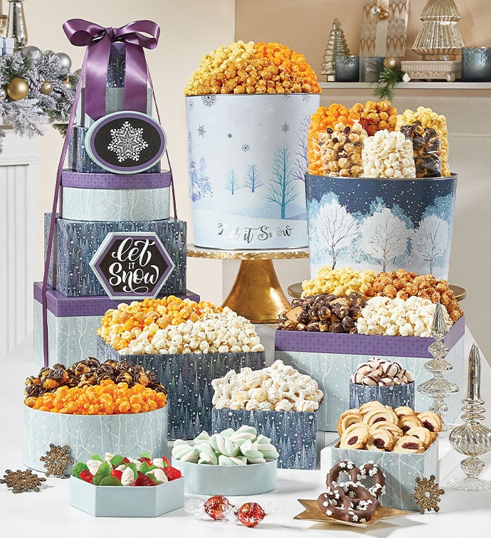 8 Gift Box Sparkling Snowfall Tower With 3 1/2 Gallon 3 Flavor Popcorn Tin And 2 Gallon Popcorn Assortment