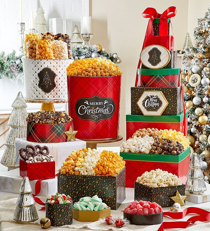 Merry Plaid 8 Gift Box Tower With 3 1/2 Gallon 3 Flavor Popcorn Tin And 2 Gallon Popcorn Assortment
