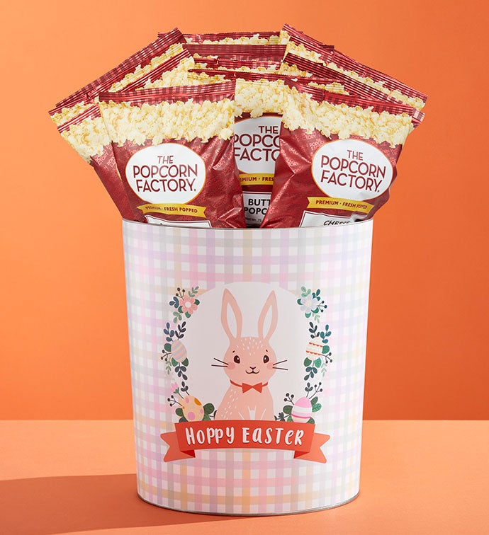 Hippity Hoppity 3 1/2 Gallon Popcorn Tin 18Ct Assorted Small Popcorn Bags