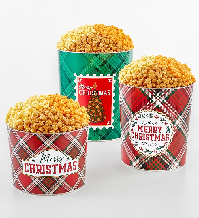 Merry Christmas Plaid 2 Gallon 3 Flavor Popcorn Tin