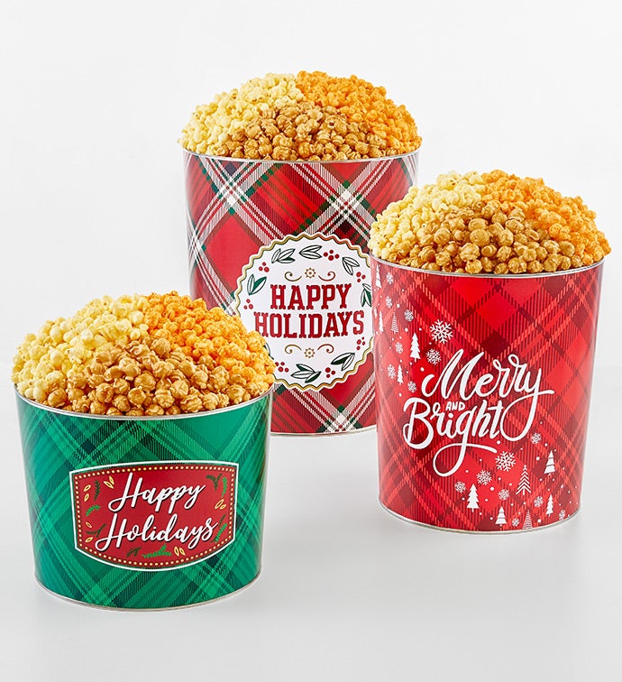 Happy Holidays Plaid 2 Gallon 3 Flavor Popcorn Tin