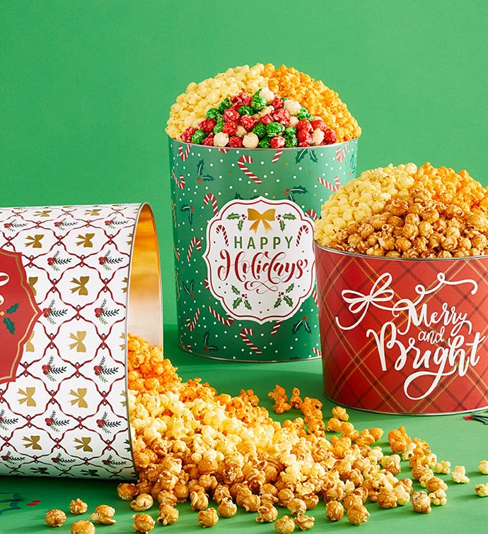 Happy Holidays 6 1/2 Gallon 3 Flavor Popcorn Tin