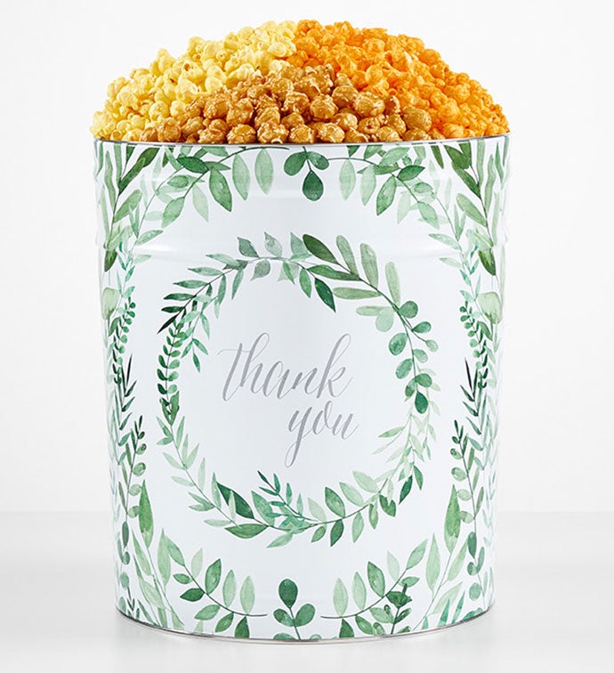 Green Floral Thank You 6 1/2 Gallon 3 Flavor Popcorn Tin