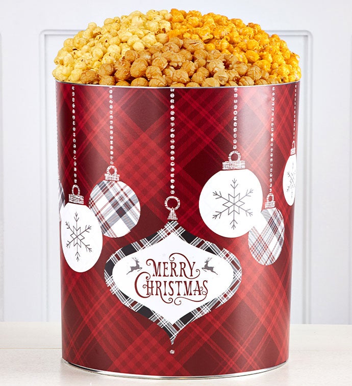 Cozy Plaid Merry Christmas 6 1/2 Gallon 3 Flavor Popcorn Tin