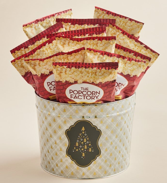 Happy Plaid 2 Gallon 3 Flavor Bagged Popcorn Tin