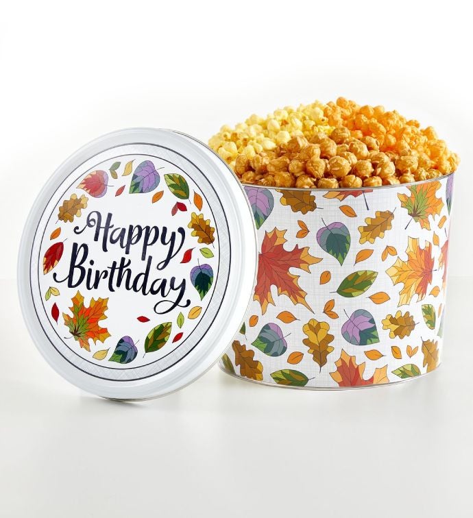 Happy Birthday Fall Splendor 2 Gallon 3 Flavor Popcorn Tin