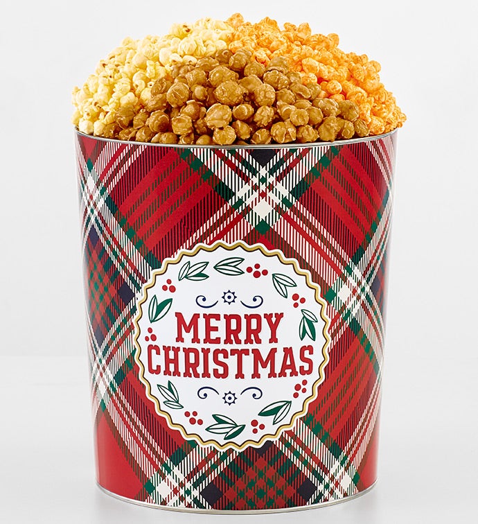 Merry Christmas Plaid 3 1/2 Gallon 3 Flavor Popcorn Tin