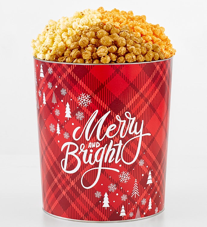 Happy Holidays Plaid 3 1/2 Gallon 3 Flavor Popcorn Tin