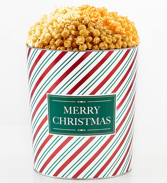 Merry Christmas Stripes 3.5 Gallon 3 Flavor Popcorn Tin