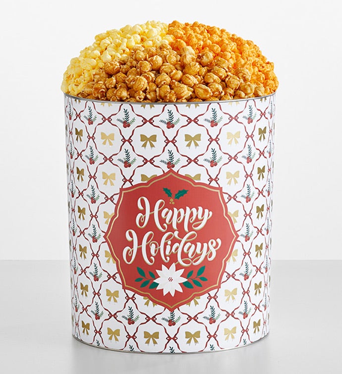 Happy Holidays 6 1/2 Gallon 3 Flavor Popcorn Tin