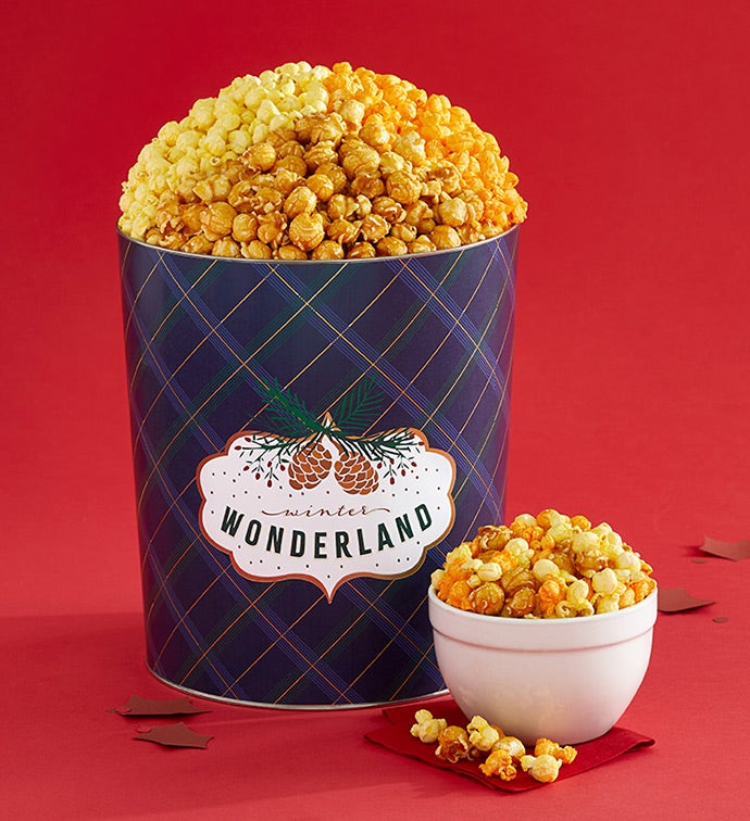 Winter Wonderland Blue Plaid  3 1/2 Gallon 3 Flavor Popcorn Tin